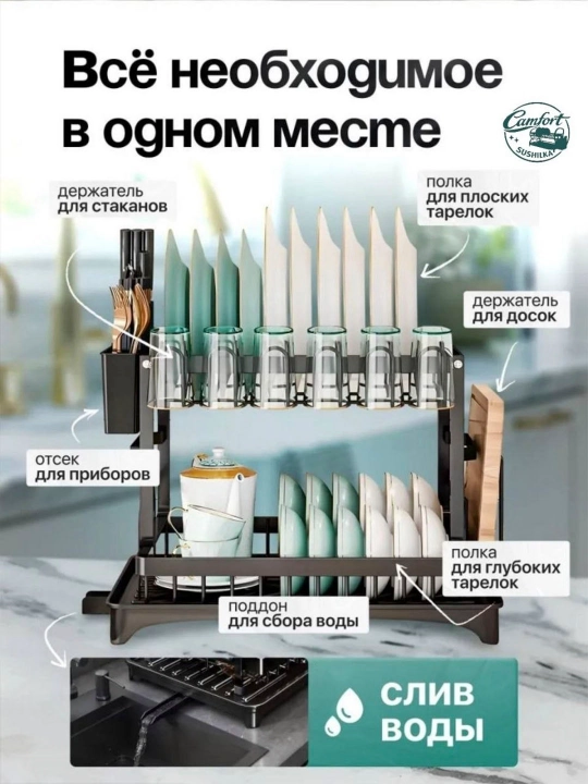 Сушилка для посуды (подставка) для тарелок, мисок, кружек, бокалов, ложек, вилок и ножей