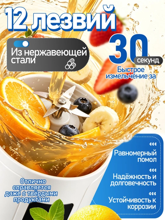 Portativ silkitgich, qo‘l mini blenderi, 3 tasi 1 da, smuzi, simsiz, kuchli, 600 ml