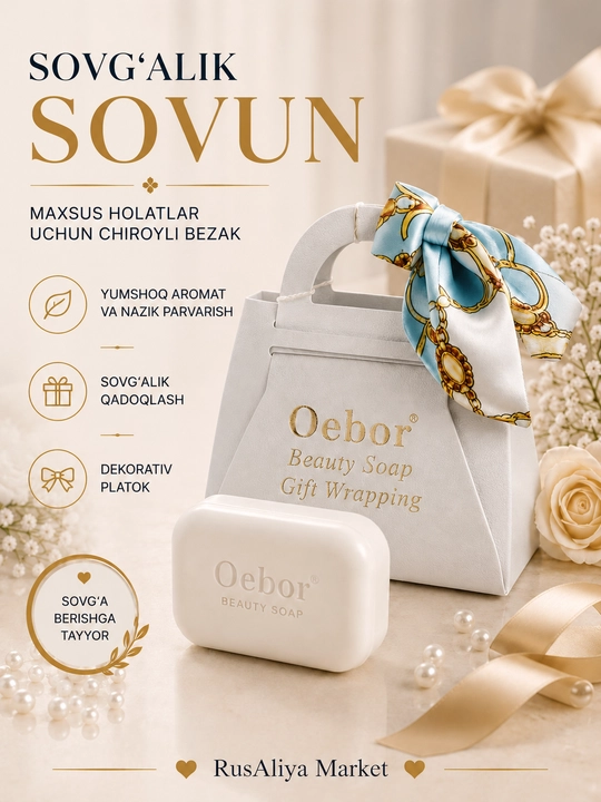 Oebor xushbo‘y sovun sovg‘asi, bezakli ro‘molcha bilan sovg‘a qadog‘ida