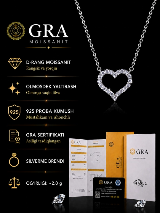 Ayollar uchun GRA Moissanite Yurak Kulonli Zanjir — 925 Proba Sterling Kumush - 