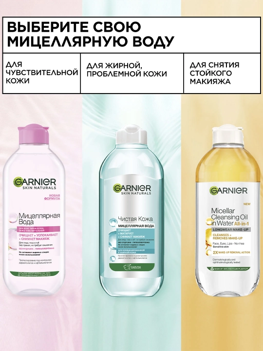 Garnier mitsellyar suvi, barcha teri turlari uchun 3 ta 1 da yuz tozalash vositasi, 400 ml