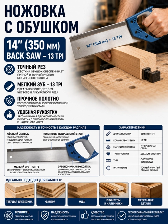 ADEGSO Ножовка с обушком 14" Back Saw – 13 TPI, 350 мм - 