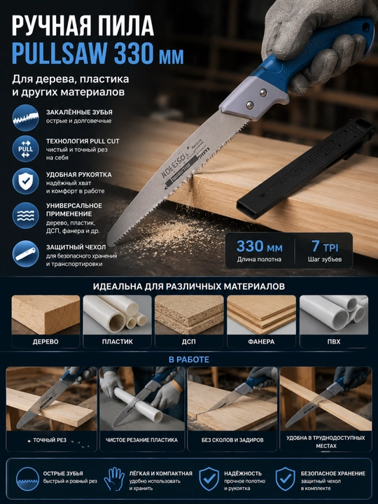 Ручная пила ADEGSO PULLSAW 330 мм – для дерева, пластика и других материалов - 
