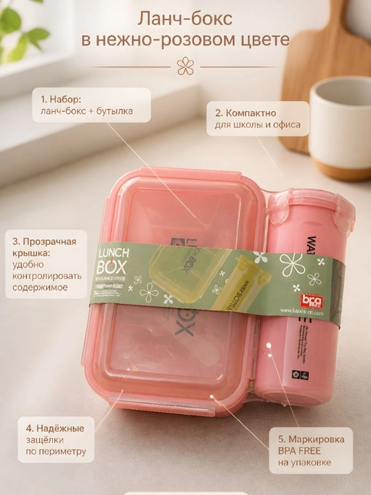 Термос-ланчбокс для горячей еды, контейнер для обеда, бутылкой для воды, 2 в 1 пластиковый