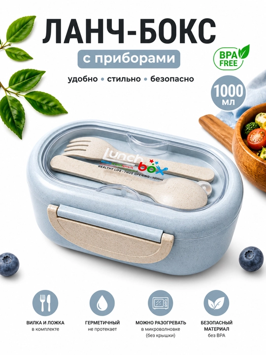 Ланч-бокс с приборами ложкой и вилкой, контейнер для еды герметичный, бенто-бокс lunch box - 