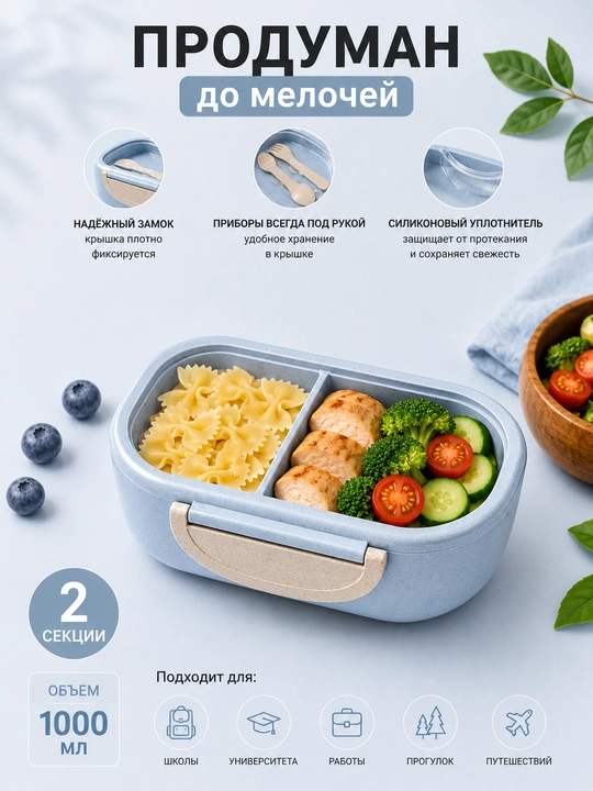 Lanch-boks germetik, konteyner ovqat idishi, qoshiq va sanchqi vilka bilan lunch box