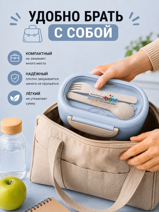 Lanch-boks germetik, konteyner ovqat idishi, qoshiq va sanchqi vilka bilan lunch box