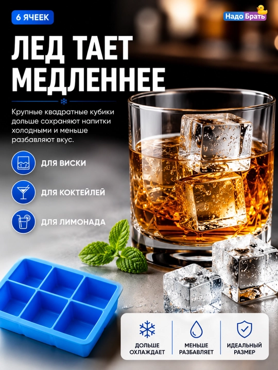 Силиконовая форма для льда и десертов, 6 квадратных ячеек, многоразовая