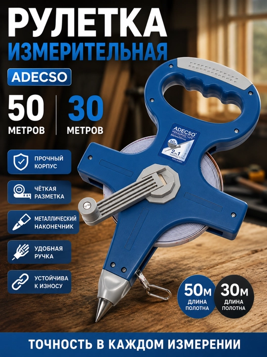 Рулетка измерительная ADECSO, 50, 30 метр, металлический наконечник - 