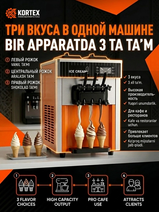 DONPER HL-02 stol usti muzqaymoq mashinasi, 3 xil yumshoq muzqaymoq, o'zini o'zi tozalaydi
