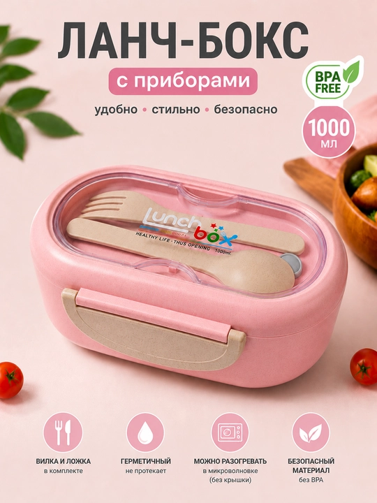 Ланч-бокс с приборами ложкой и вилкой, контейнер для еды герметичный, бенто-бокс lunch box - 