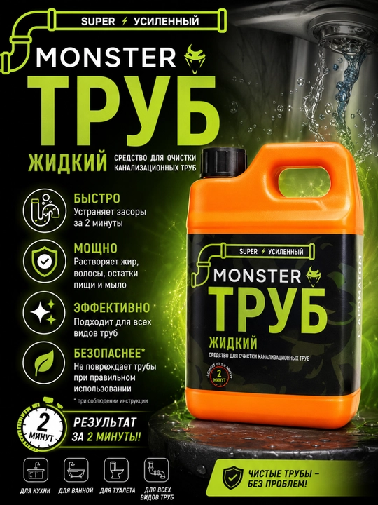 MONSTER TRUB – мощное средство для быстрой очистки и устранения засоров труб - 
