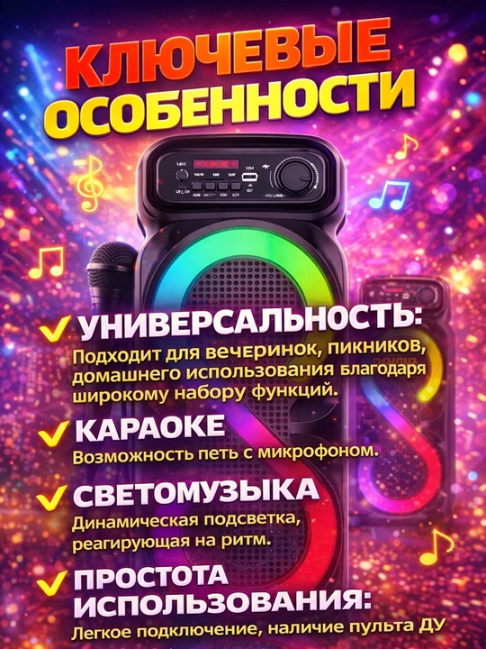 Katta Bluetooth simsiz kolonka, karaoke, RGB yoritish, mikrofon va pult bilan