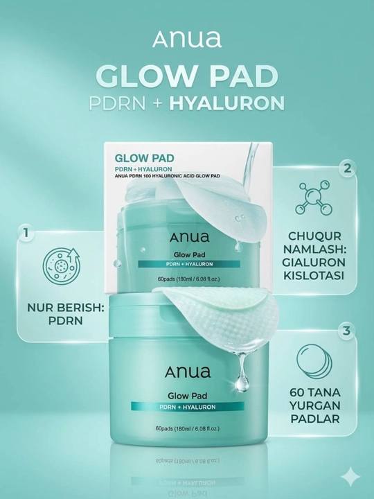 ANUA PDRN Hyaluronic Acid Glow Pad 180 ml, 60 dona, namlovchi toner-padlar - 