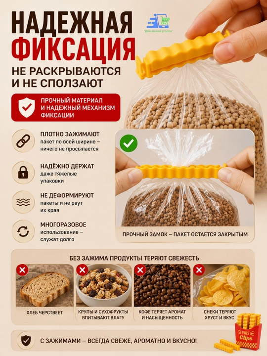 Зажимы для пакетов с магнитным держателем на холодильник, набор клипс для упаковки