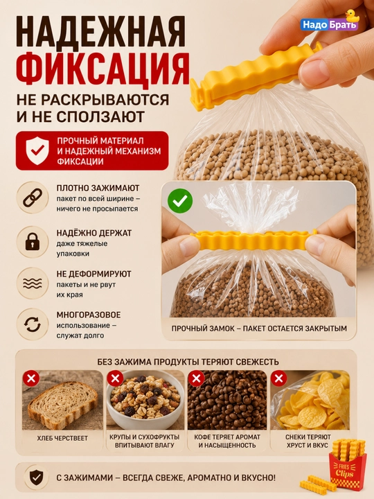 Зажимы для пакетов с магнитным держателем на холодильник, набор клипс для упаковки