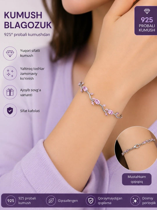 925 probali kumush bilaguzuk ayollar uchun pushti toshli