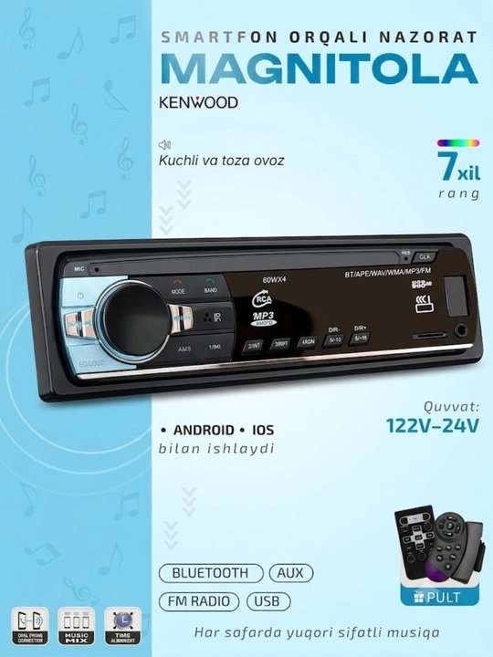 Avtomobil uchun magnitola Kenwood, 7 xil rangli, Bluetooth va USB bilan - 