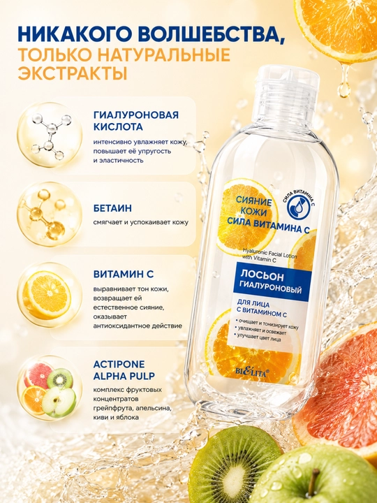 Лосьон для лица Сияние кожи, Сила витамина C, гиалуроновый, 200 мл, Белита