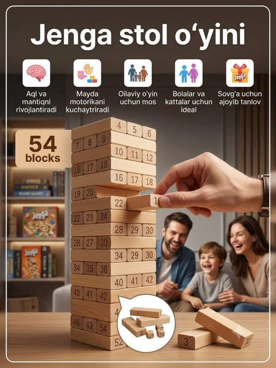 Jenga stol o‘yini, yog‘och bloklar, bolalar va kattalar uchun minora