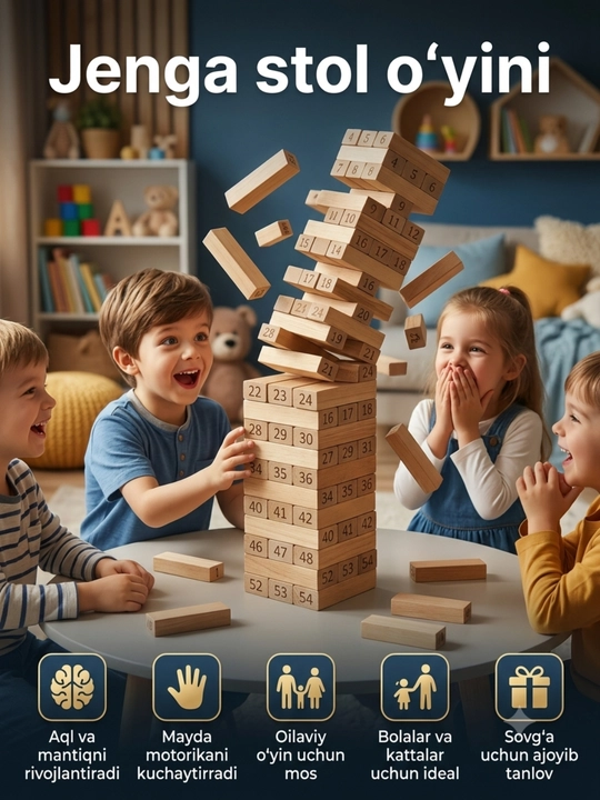Jenga stol o‘yini, yog‘och bloklar, bolalar va kattalar uchun minora - 