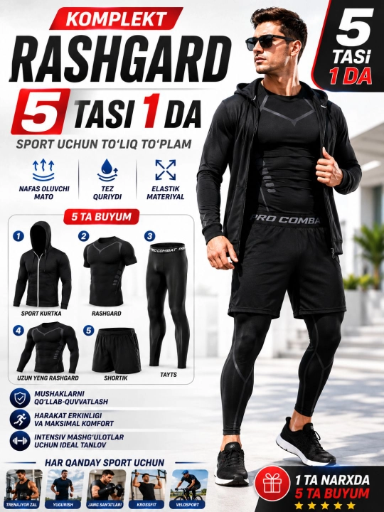 Erkaklar uchun rashgard 5 in 1 komplekt, sport kiyimlari va fitnes mashg‘ulotlari uchun