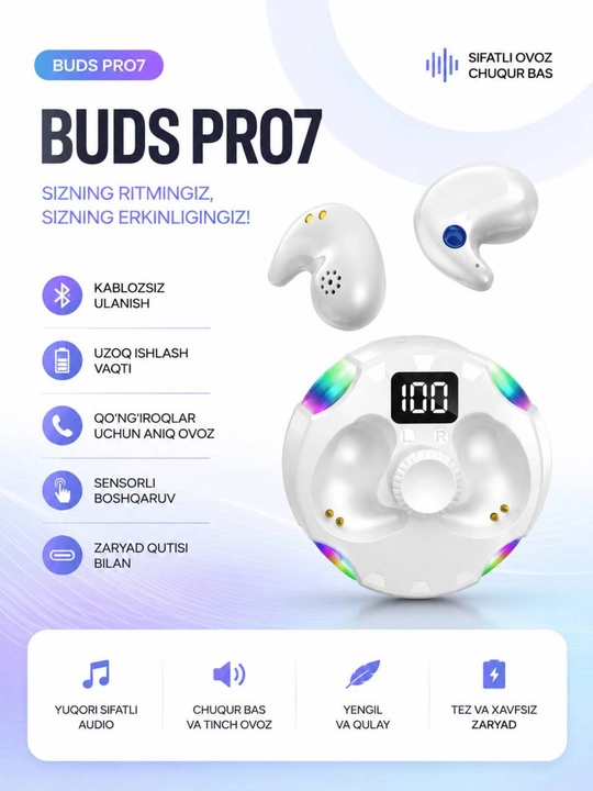 BUS PRO 7 — musiqa tinglash va qo‘ng‘iroqlar uchun simsiz TWS quloqchin - 