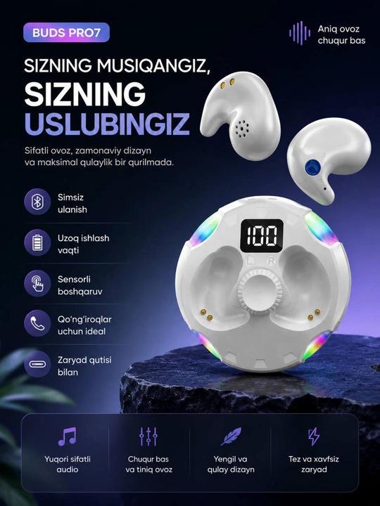 BUS PRO 7 — musiqa tinglash va qo‘ng‘iroqlar uchun simsiz TWS quloqchin
