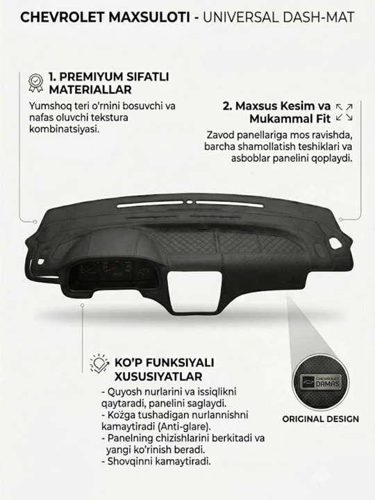 Chevrolet Cobalt va damas uchun Premium Dash-Mat Nafas oluvchi eko-teri, quyoshdan himoya - 