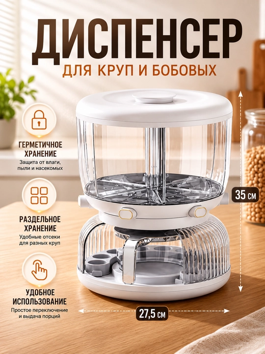 Диспенсер для круп 360°, контейнер для сыпучих продуктов 6-секционный органайзер для кухни - 