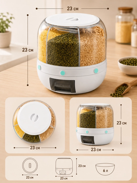 Диспенсер для круп 360°, контейнер для сыпучих продуктов 6-секционный органайзер для кухни