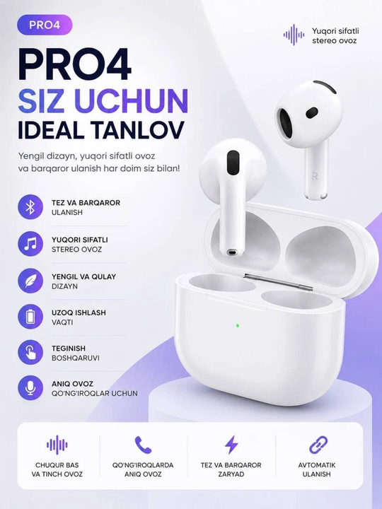 Pro 4 Simsiz Bluetooth quloqchinlar, Bluetooth 5.3, HD stereo ovoz Android va iPhone uchun - 