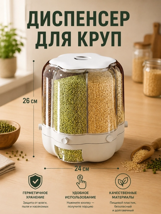 Диспенсер для круп 360°, контейнер для сыпучих продуктов 6-секционный органайзер для кухни - 
