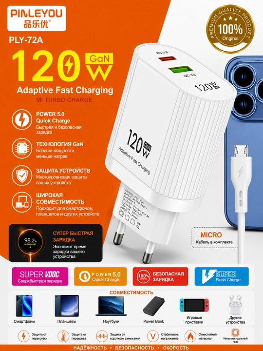 PINLEYOU PLY-72A 120W GaN Быстрое зарядное устройство с кабелем Type-C или Micro USB