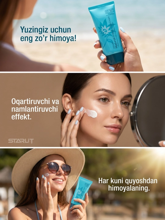 Yuz uchun namlantiruvchi va quyoshdan himoya qiluvchi krem, SPF 50+