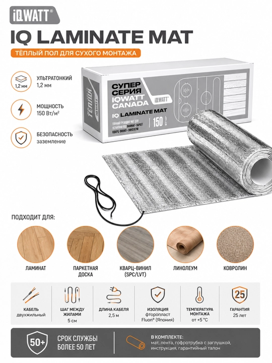 IQWATT IQ Laminate Mat 150 Vt/m² isitish mati, laminat va parket uchun - 