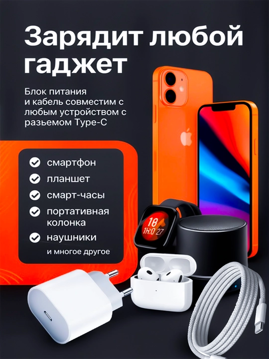 Зарядное устройство для iPhone, быстрая зарядка 35 Вт, с кабелем Type-C —Type-C