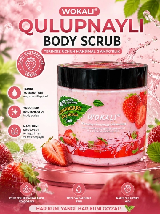 WOKALI Body Scrub Jam – Qulupnayli yoki Malinali tana skrabi, 500 ml - 