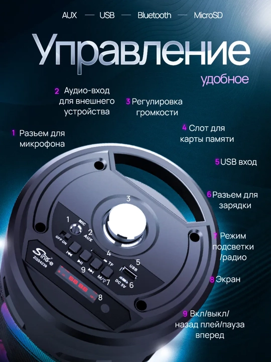 Большая беспроводная колонка Bluetooth, караоке, с RGB подсветкой, с микрофоном и пультом