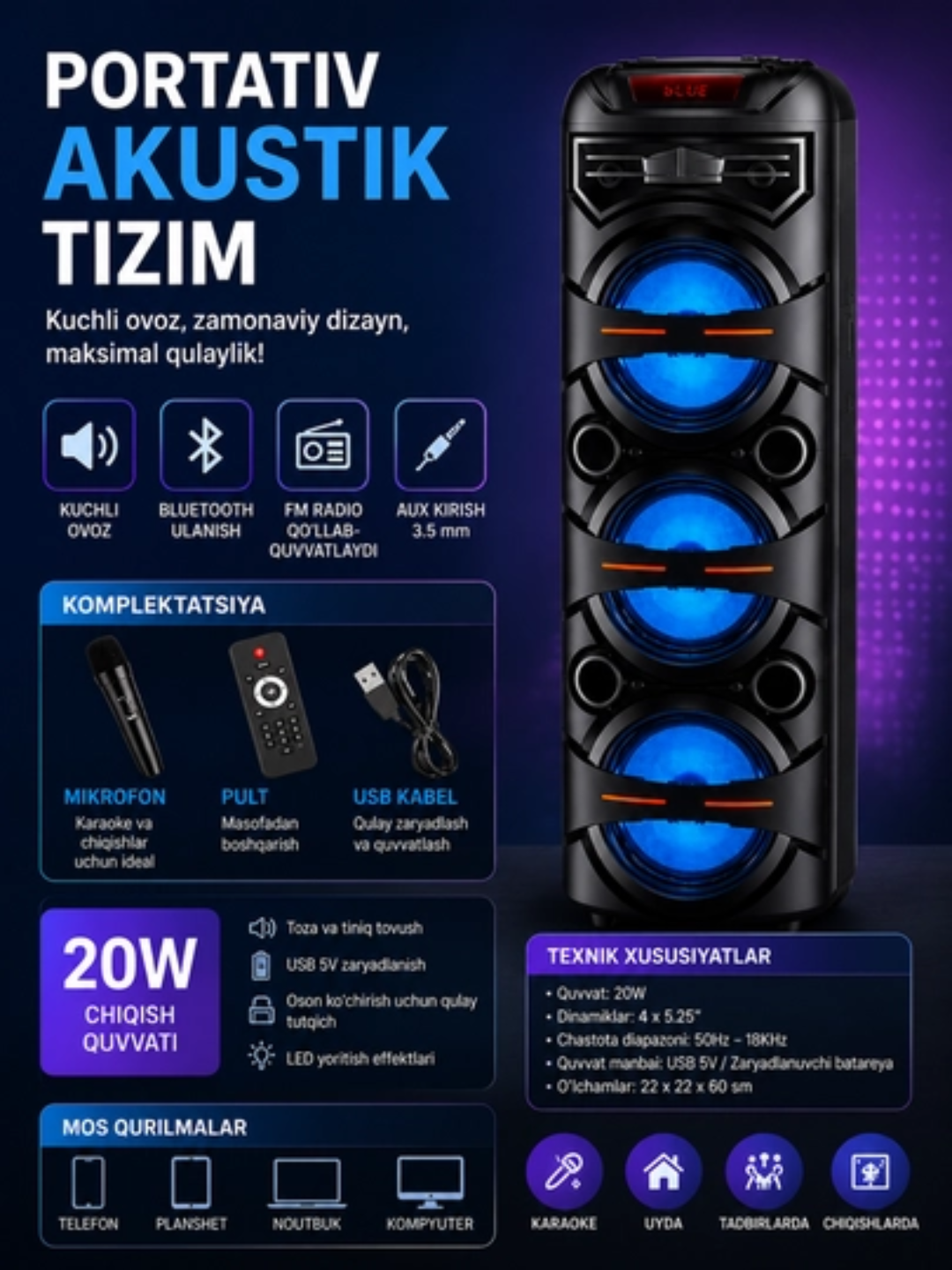 Большая беспроводная колонка Bluetooth, караоке, с RGB подсветкой, с микрофоном и пультом - 