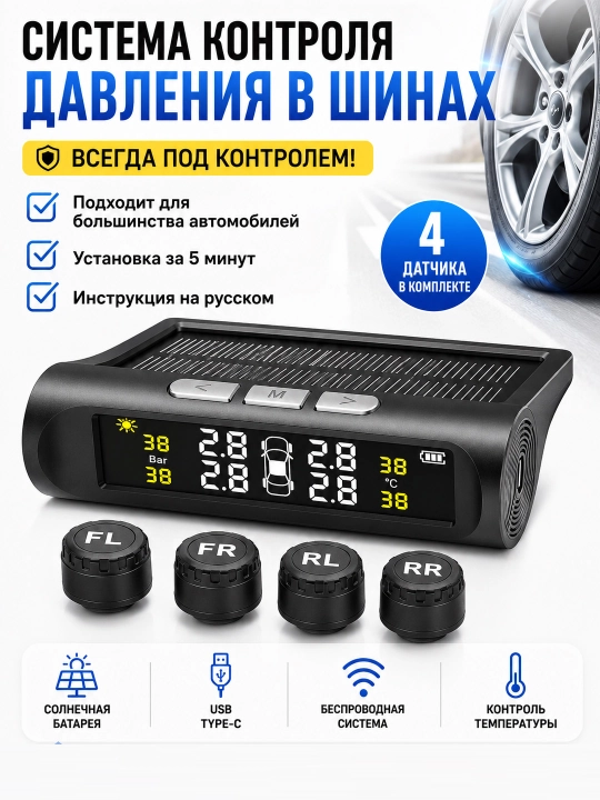 Система контроля давления в шинах TPMS с солнечной батареей - 