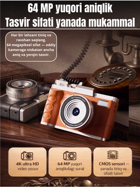 4K Ultra HD фотоаппарат фотокамера 64MP, экран 3", зум 16x, двусторонний,со вспышкой, 32GB