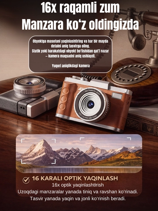 4K Ultra HD фотоаппарат фотокамера 64MP, экран 3", зум 16x, двусторонний,со вспышкой, 32GB