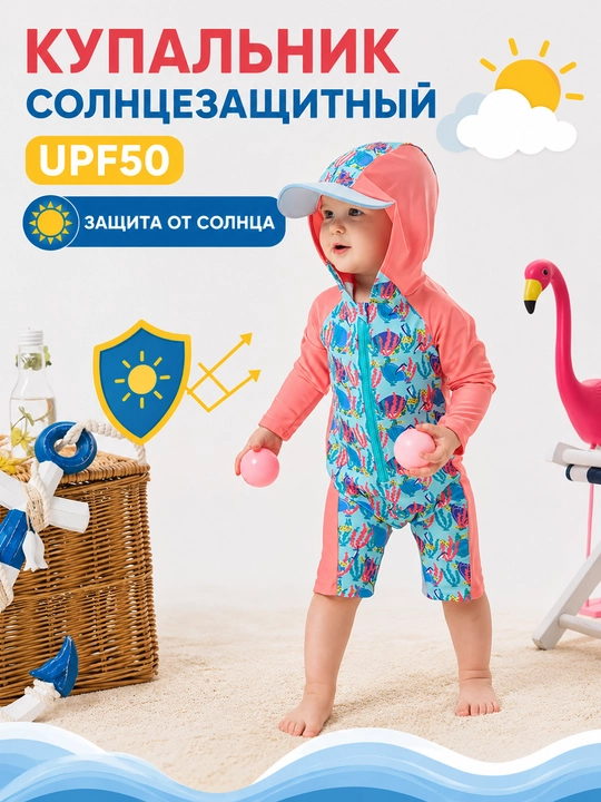 Купальник солнцезащитный детский слитный для мальчиков и девочек с капюшоном - 