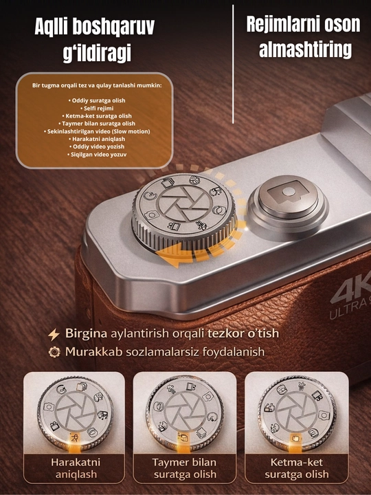 4K Ultra HD фотоаппарат фотокамера 64MP, экран 3", зум 16x, двусторонний,со вспышкой, 32GB