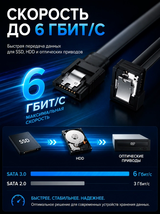 SSD va HDD uchun SATA III (SATA 3.0) shleyf kabeli, 90° burchakli, 6 Gbit/s,40 sm