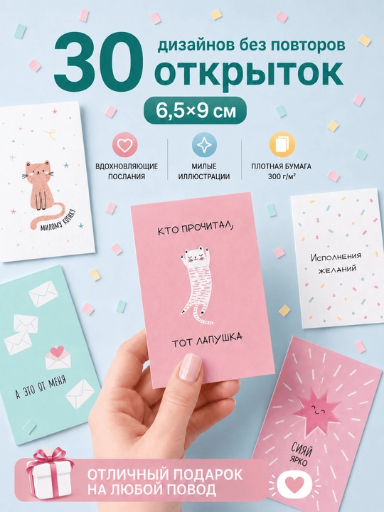 Открытки мотивационные набор карточки с пожеланиями, бирки - 