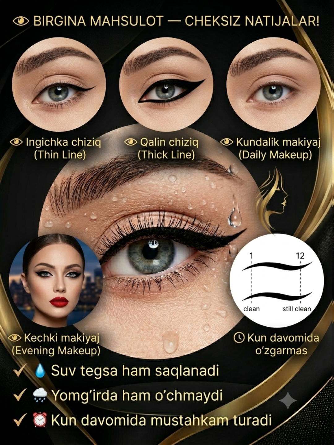 Ko‘zlar uchun suvga chidamli podvodka, 2 tasi 1 da, TUZ