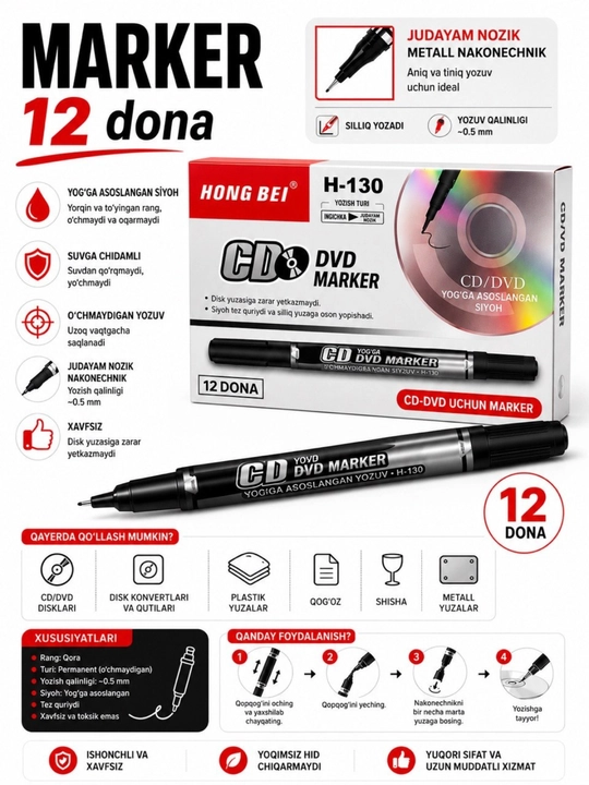  Qora marker, 12 dona - 