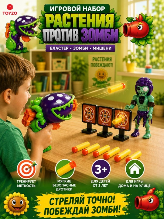 Игровой набор Растения против Зомби с бластером, зомби и мишенями